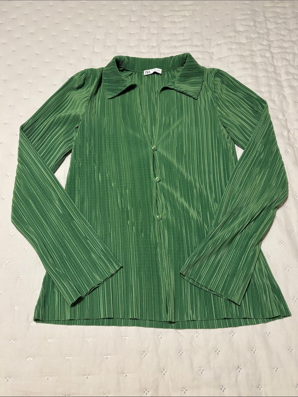 Zara Green Pleated Plissé Long-Sleeve Button Front Top